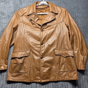Men's‎ Vintage Brown Leather Jacket Button Front Size 44 Mid-Century Classic